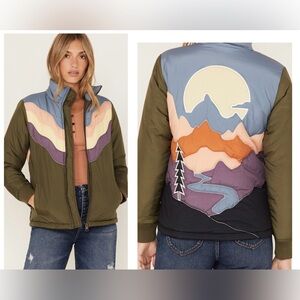 Cleo + Wolf Women's Rising Sun Color Block Puffer Jacket Mountain Boho Size XL